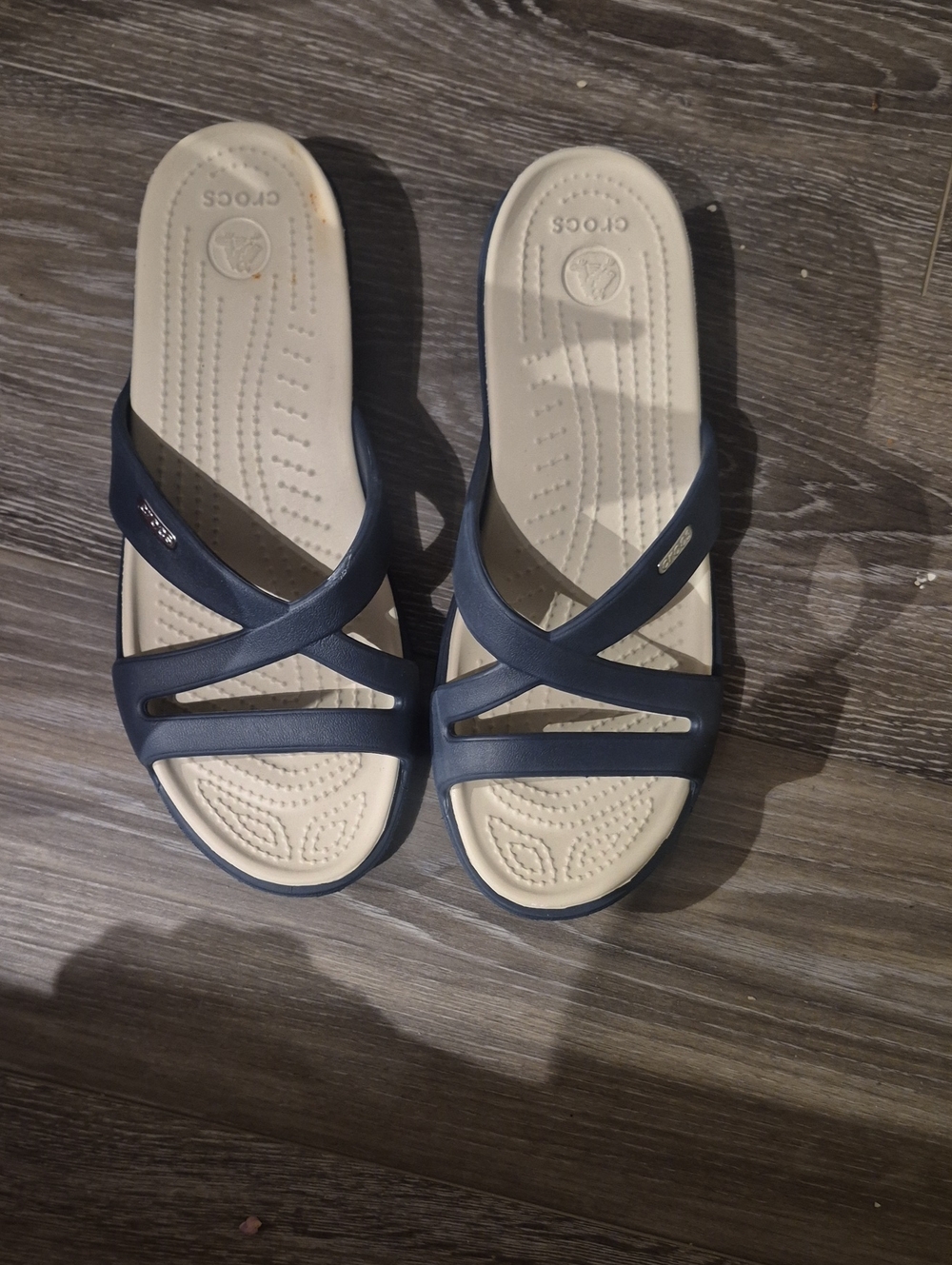 CROCS Women's Navy and Cream Cross-Strap Slide Sandals